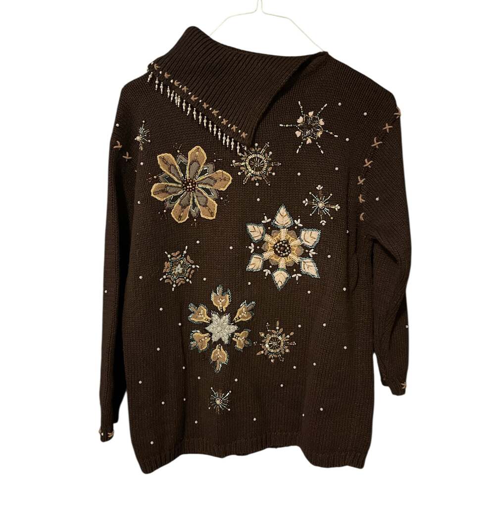 Vintage Gantos Brown Beaded Snowflake Cowl Neck Sweater Ramie Cotton Blend